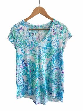 Lilly Pulitzer Etta Tee Amethyst Tint Craysea V-Neck Cotton Top XS